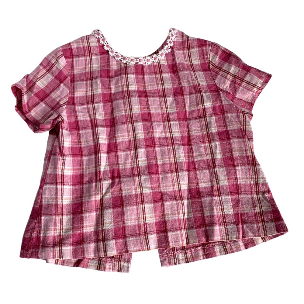 Vintage 90s Philly California Girl's Plaid Pink Cotton Linen Floral Blouse